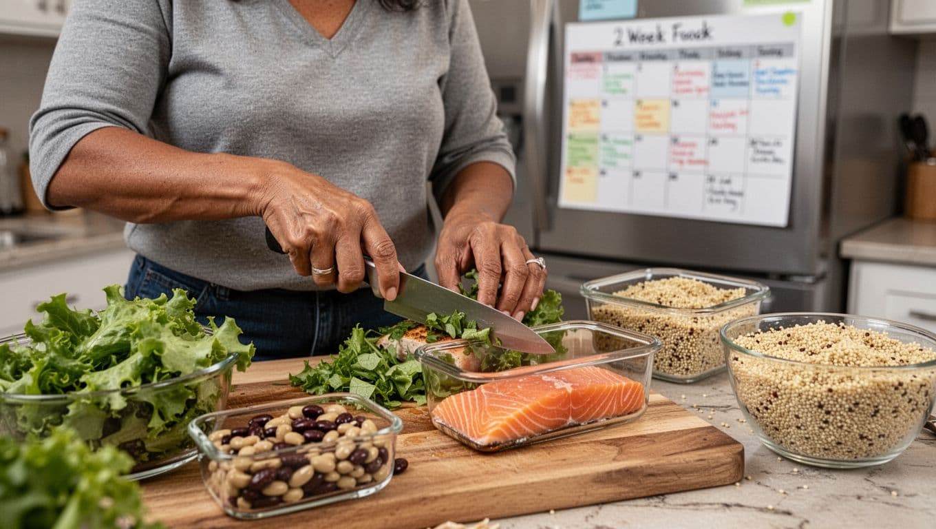 A mid-40s diverse adult in a home kitchen meal-preps for a 2-week food plan to reduce remnant cholesterol, chopping leafy greens and portioning cooked salmon into glass containers with nearby legumes and quinoa.