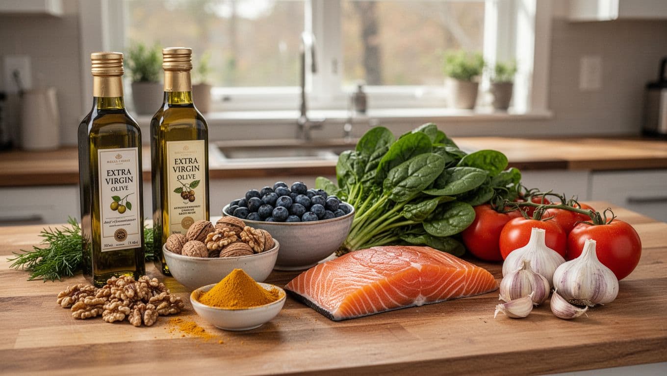 Photorealistic arrangement of anti-inflammatory foods on a wooden kitchen counter, featuring extra virgin olive oil, walnuts, blueberries, spinach, fresh salmon, turmeric, garlic, and tomatoes, illuminated by warm natural window light with shallow depth of field.
