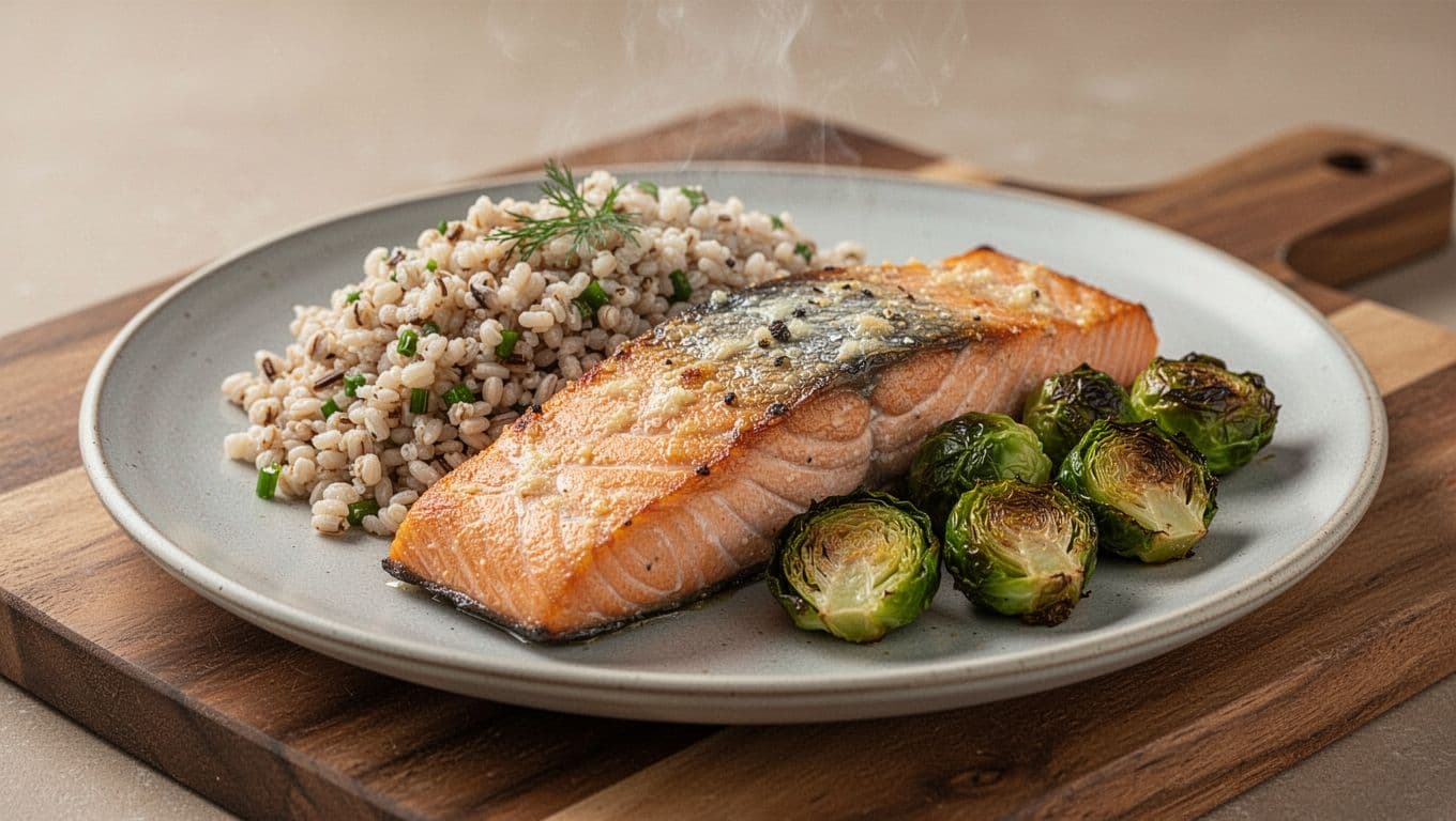 Photorealistic food photography of a dinner plate featuring a golden crispy baked salmon fillet, fluffy barley pilaf, and charred roasted Brussels sprouts on a wooden board, with natural daylight and shallow depth of field.