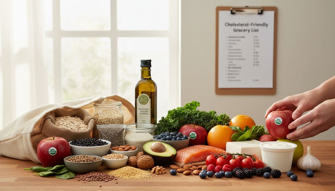Cholesterol-friendly grocery haul with oats, nuts, fruit, vegetables, salmon and tofu on a kitchen counter