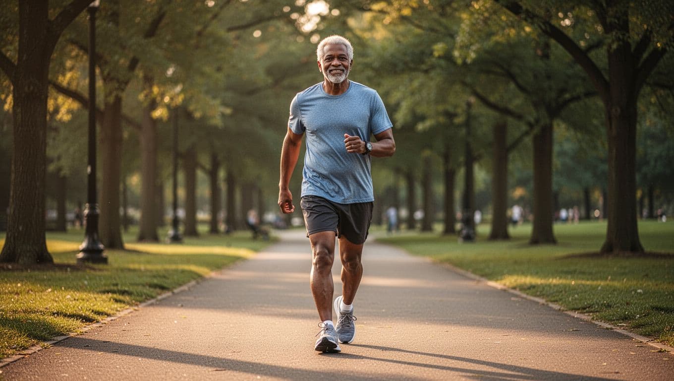 Photorealistic image of one diverse middle-aged adult walking briskly on a tree-lined park path at sunrise, wearing casual fitness attire, with golden lighting and shallow depth of field emphasizing a healthy active lifestyle.