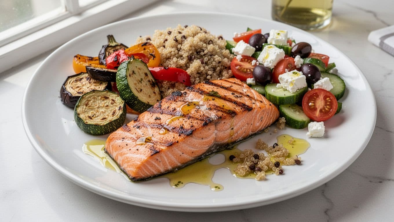 Photo-realistic overhead view of a single plated meal featuring grilled salmon, roasted zucchini, eggplant, and bell peppers, quinoa side, and Greek salad with tomatoes, cucumbers, olives, feta, drizzled in olive oil on a white ceramic dish. Editorial food photography style with bright natural light, shallow depth of field, and glossy textures.