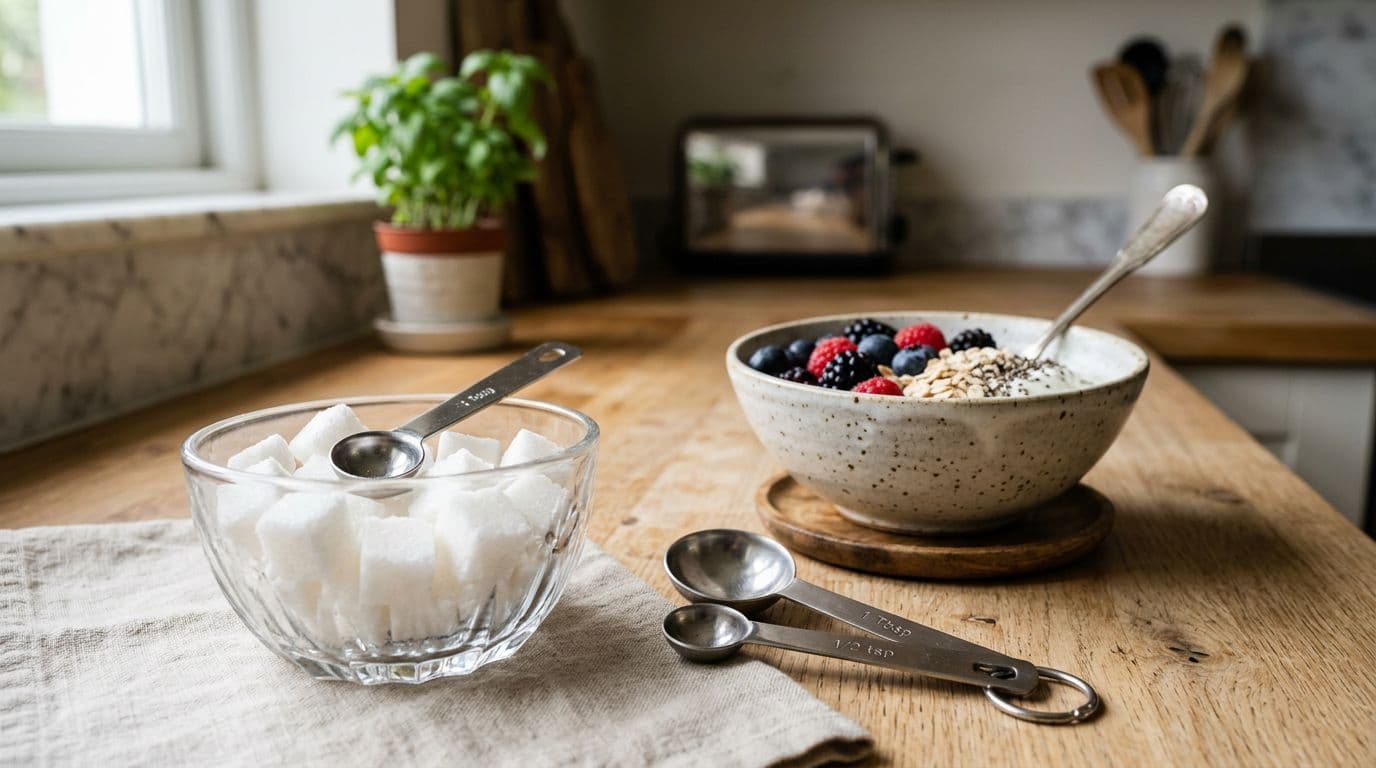 Photorealistic kitchen counter with glass bowl of sugar cubes beside measuring spoons and a heart-healthy breakfast plate of plain Greek yogurt, berries, and oats in the background. Natural lighting, shallow depth of field, realistic textures, no people or text.