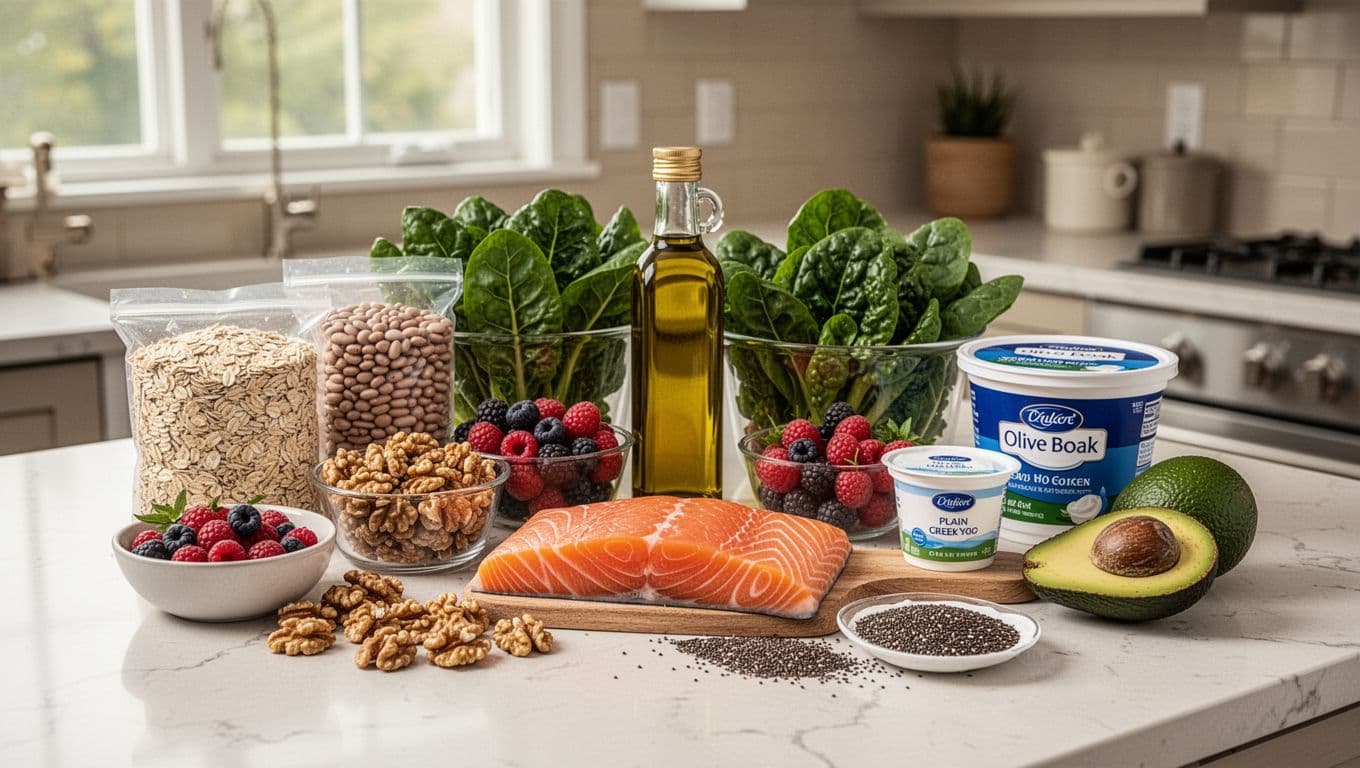 Photorealistic image of a clean kitchen counter with a heart-healthy grocery haul including oats, beans, leafy greens, berries, salmon, olive oil, walnuts, chia seeds, plain Greek yogurt, and avocado, arranged neatly for weekly meal prep under natural light.