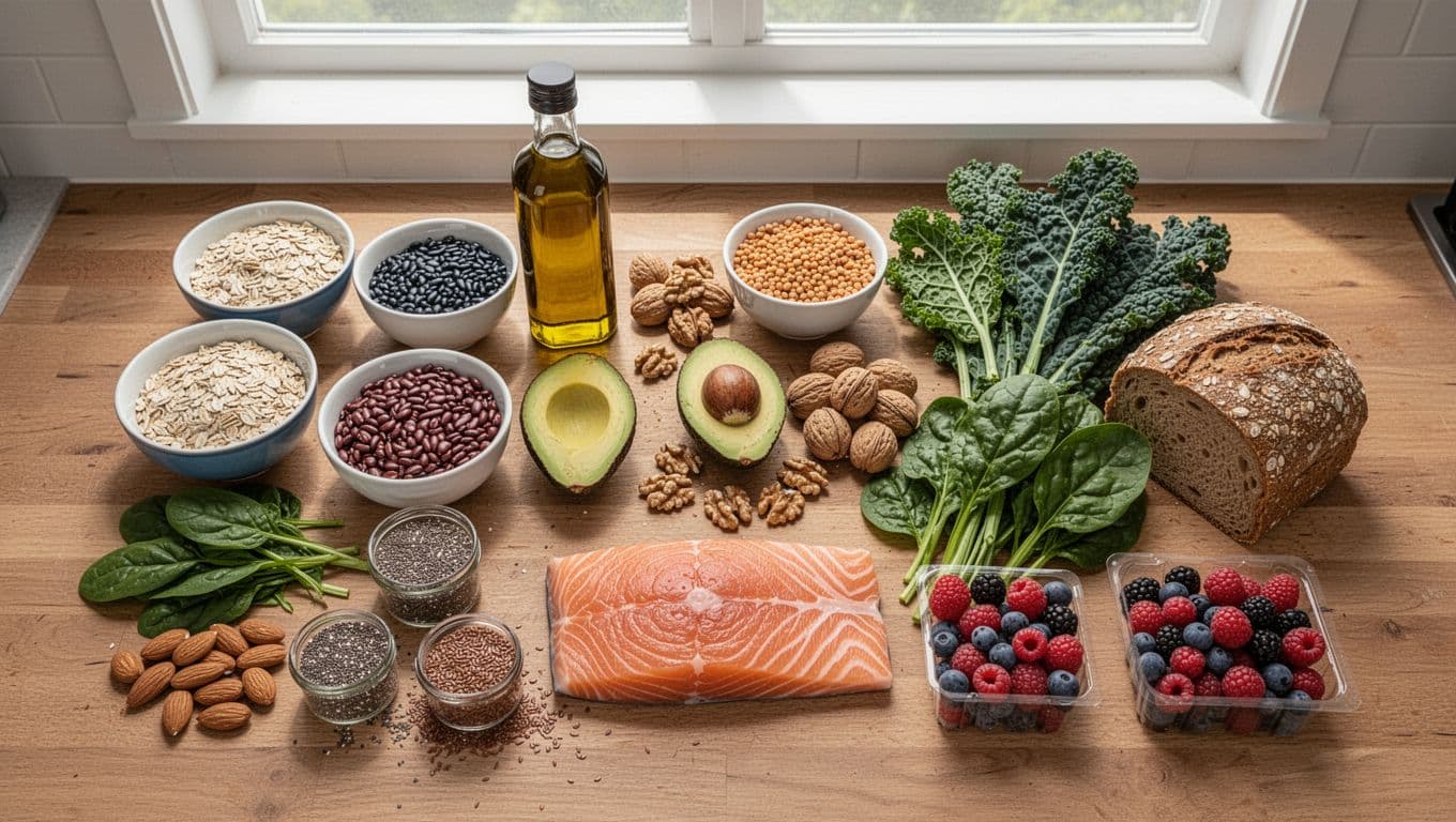 Photorealistic overhead shot of a heart-healthy grocery haul neatly arranged on a wooden kitchen counter, featuring oats, beans, nuts, olive oil, salmon, greens, berries, and whole grain bread in bright natural light.