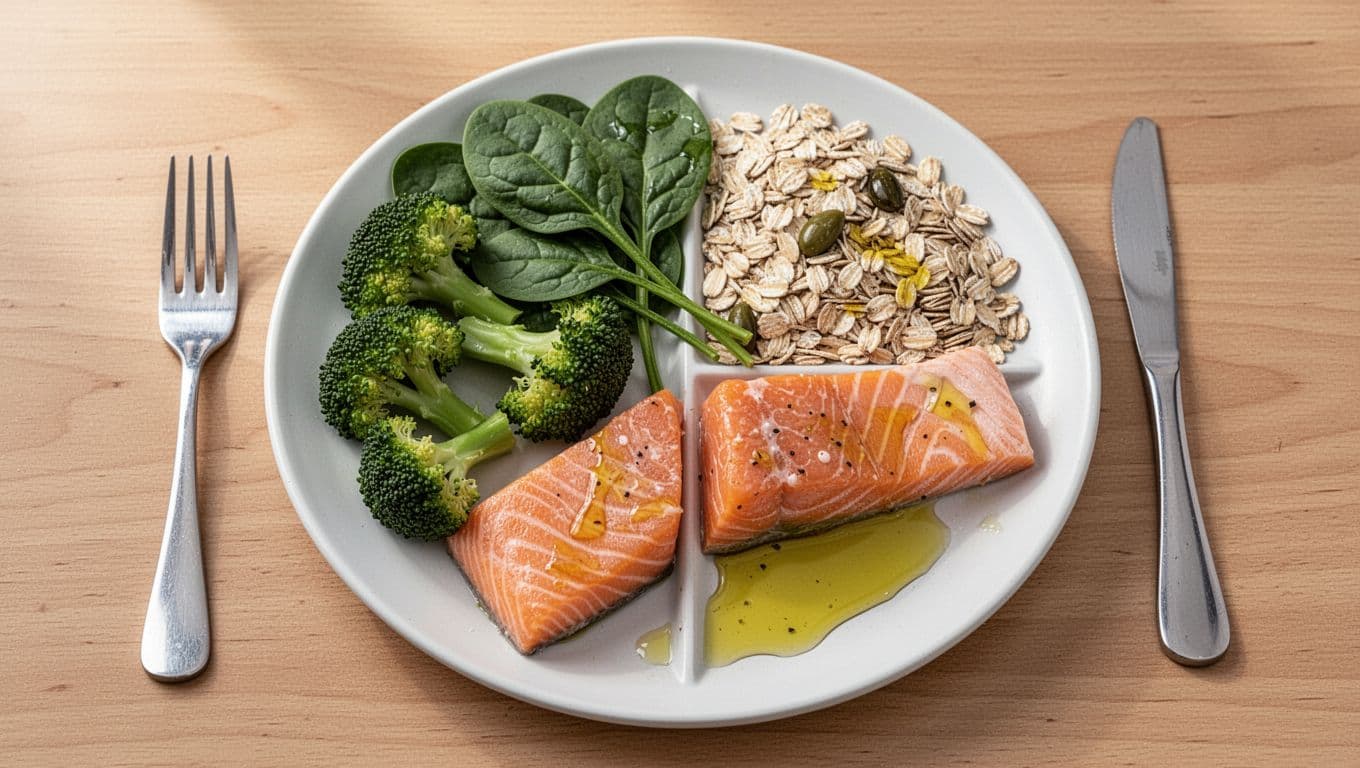 Photorealistic top-down view of a simple heart-healthy meal plate: half non-starchy veggies like broccoli and spinach, quarter lean salmon protein, quarter oats, drizzled with olive oil on a clean wooden table with natural light and vibrant colors.