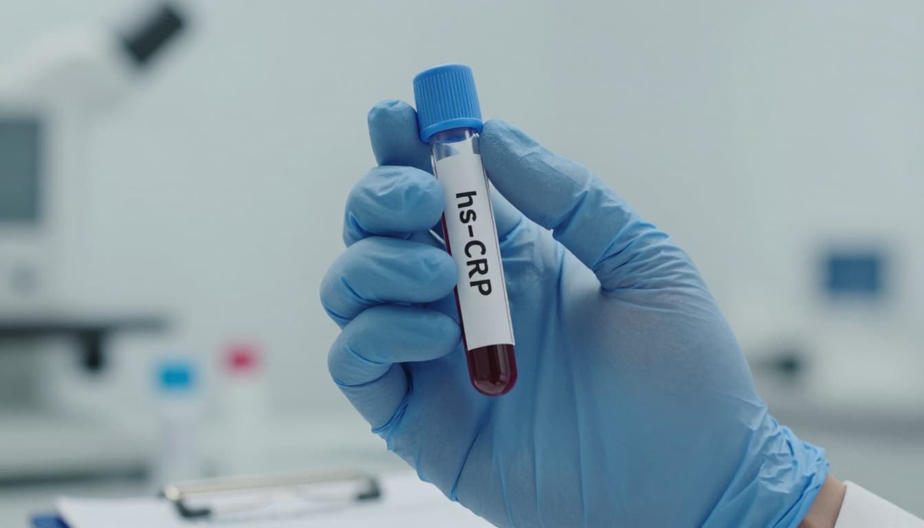 Photorealistic documentary-style image of a clinician’s gloved hand holding a clear blood test vial and lab report clipboard displaying 'hs-CRP' heading, set in a bright modern clinic lab with soft bokeh background.
