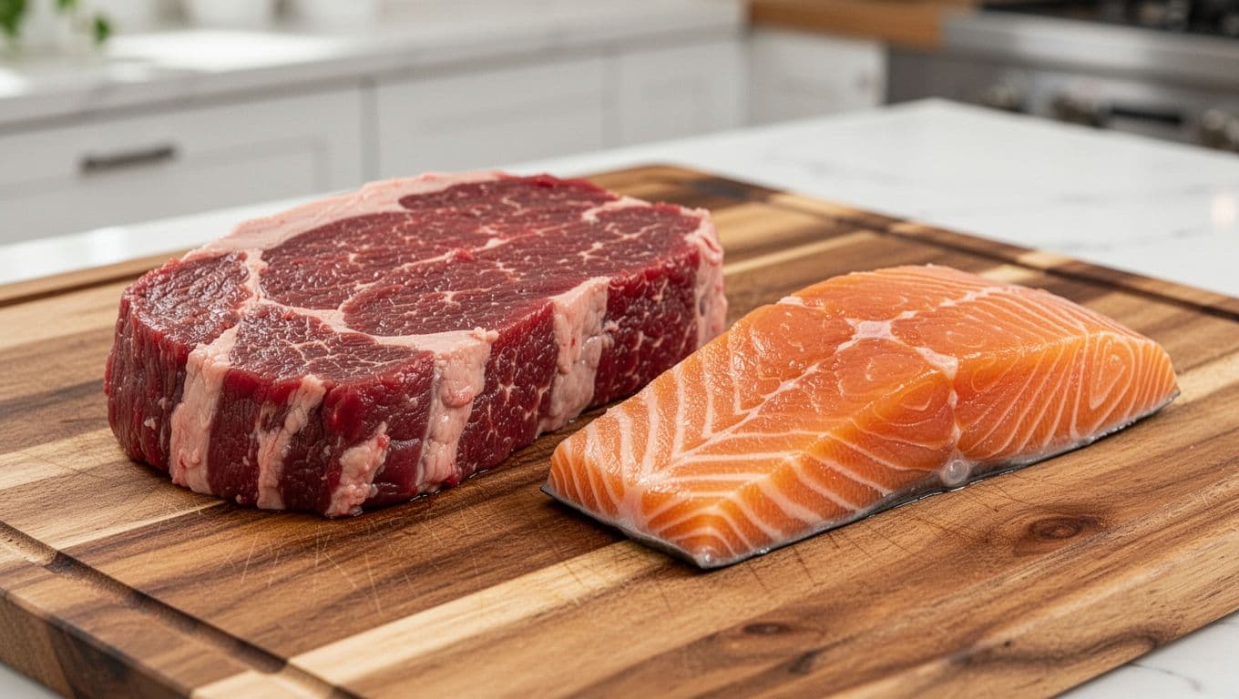 Fatty marbled red meat steak placed next to a fresh salmon fillet on a wooden cutting board in photorealistic style.