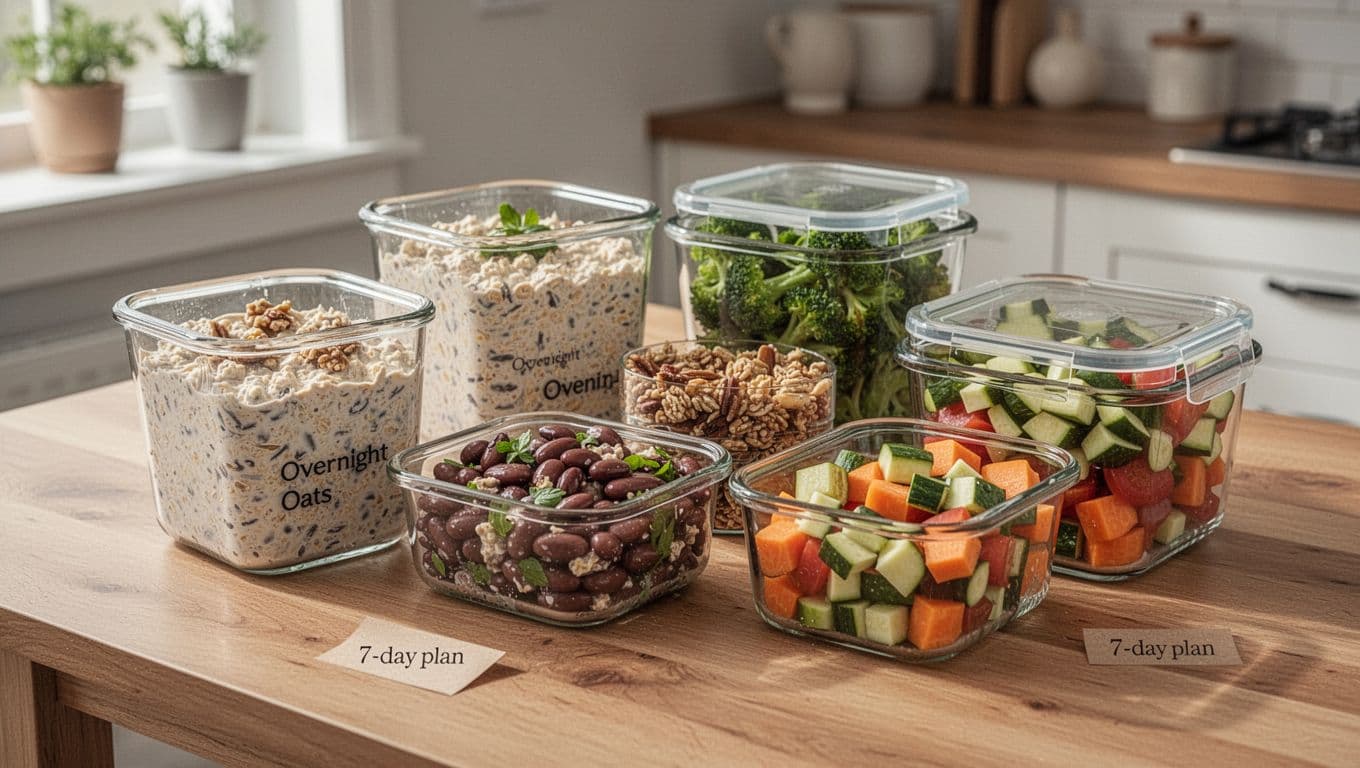 Photorealistic image of a simple home meal-prep scene with glass containers filled with overnight oats, bean salad, and chopped veggies for a 7-day plan on a kitchen table. Natural light, practical vibe, warm neutrals and greens, shallow depth of field, no people, text, or borders.