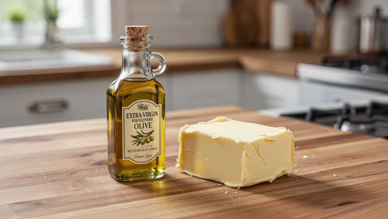 A small glass bottle of extra-virgin olive oil is placed next to a pat of butter on a wooden kitchen counter. Photorealistic food photography captured in natural daylight with shallow depth of field and realistic textures.
