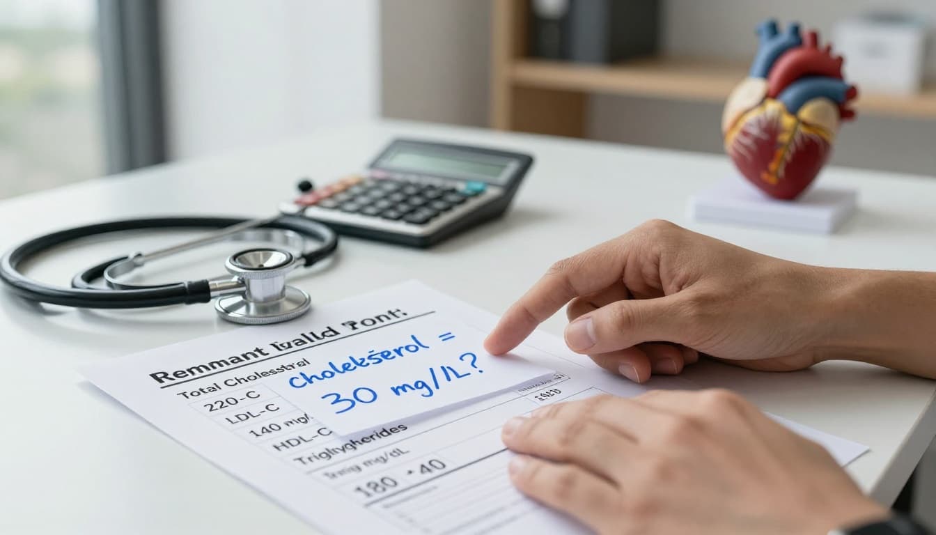 Photorealistic editorial image of a modern clinic desk featuring a lipid panel printout with remnant cholesterol note, calculator, stethoscope, and heart model, hands pointing to the calculation.