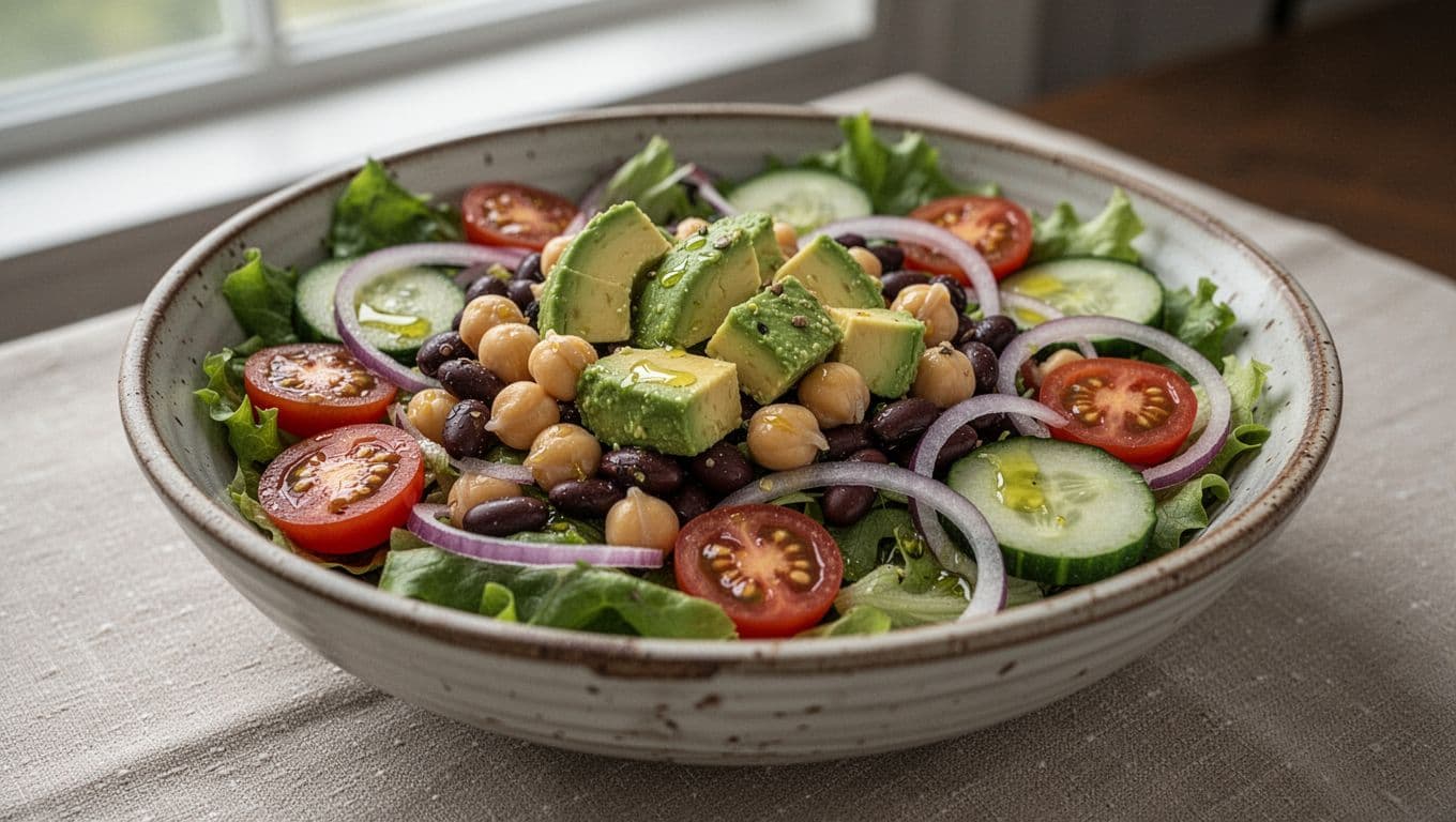 Photorealistic close-up of a healthy lunch salad in a rustic ceramic bowl with mixed greens, chickpeas, black beans, diced avocado, cherry tomatoes, cucumbers, and red onion rings, drizzled with olive oil and lemon dressing.