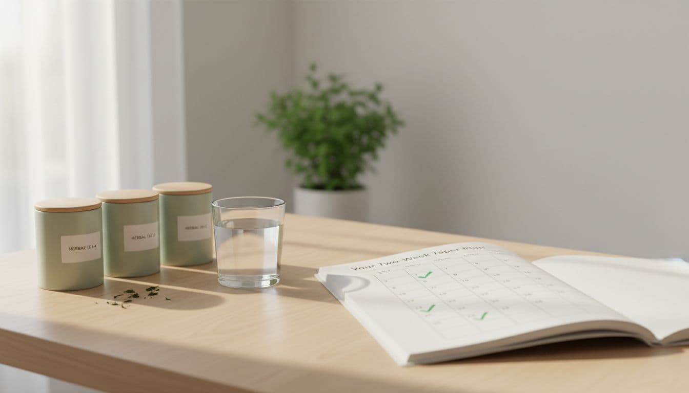 Photo-realistic lifestyle image of an open desk calendar displaying a 14-day caffeine reduction plan with checkmarks on days 1-7, accompanied by herbal teas and a water glass in natural morning light.