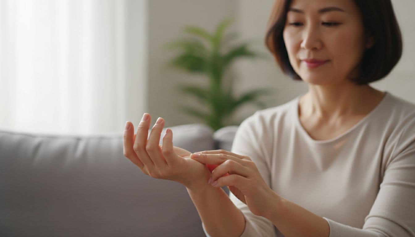 Photo-realistic clinical image of a middle-aged Asian woman sitting calmly on a couch at home, fingers on her wrist checking her pulse, relaxed expression, natural window light, shallow depth of field.