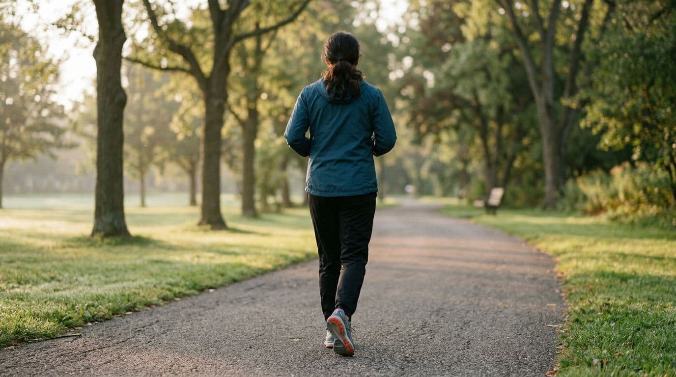 An adult person viewed from behind walks briskly on an outdoor park path in early morning light, embodying a heart-healthy lifestyle. Photo-realistic editorial image for health articles on topics like small dense LDL.