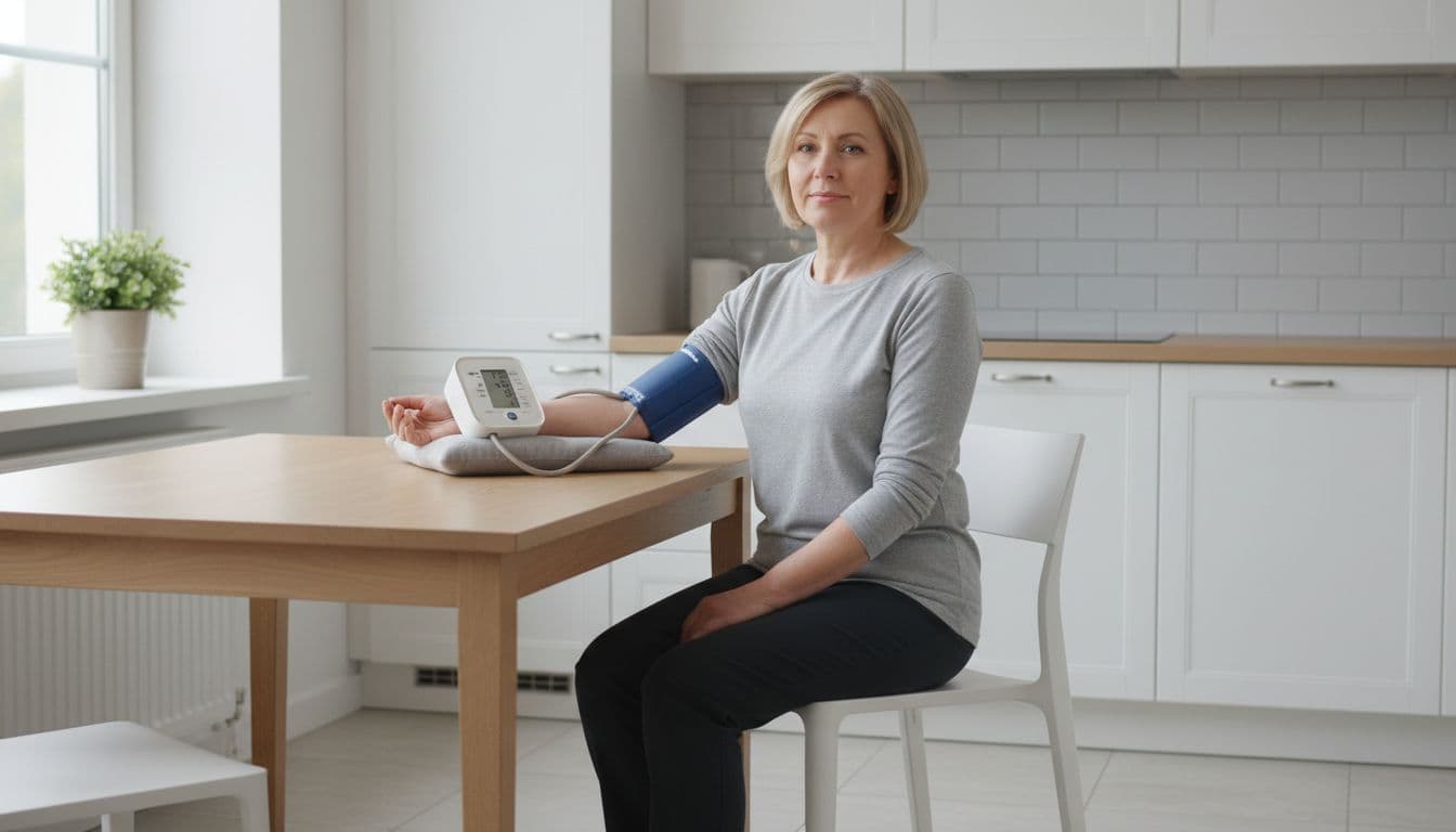 Photo-realistic image of a middle-aged adult sitting calmly at a home kitchen table, taking blood pressure with a validated upper-arm cuff monitor in correct posture: arm supported at heart level on the table, relaxed expression, feet flat on floor, back straight against chair, modern clean kitchen with natural window light.