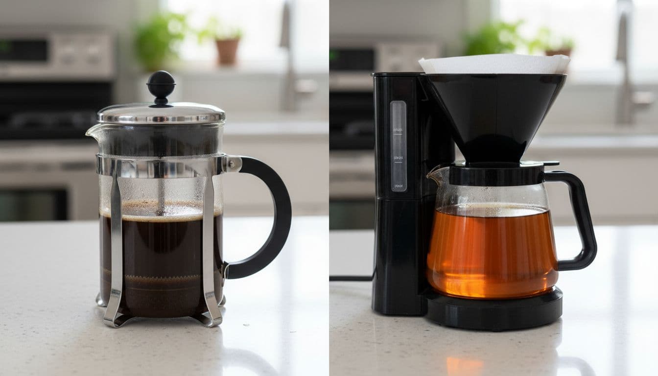 Photorealistic side-by-side comparison on kitchen counter: left French press with unfiltered oily coffee, right drip coffee maker with filtered clear coffee, natural lighting, realistic details, clean composition.