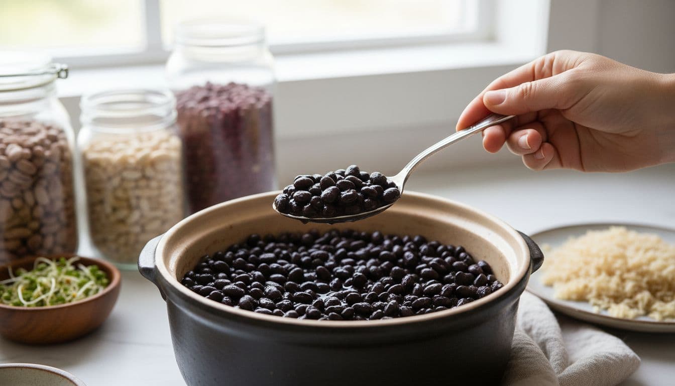 Photo-realistic lifestyle photo of a person's hand scooping a spoonful of black beans from a large pot during meal prep, with kitchen counter and jars of dry beans in the background under natural window light.
