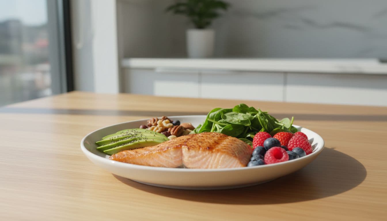 Photorealistic plate of heart-healthy food on a kitchen table featuring salmon, avocado, nuts, berries, and spinach salad, arranged simply with fresh ingredients under natural daylight and high detail.