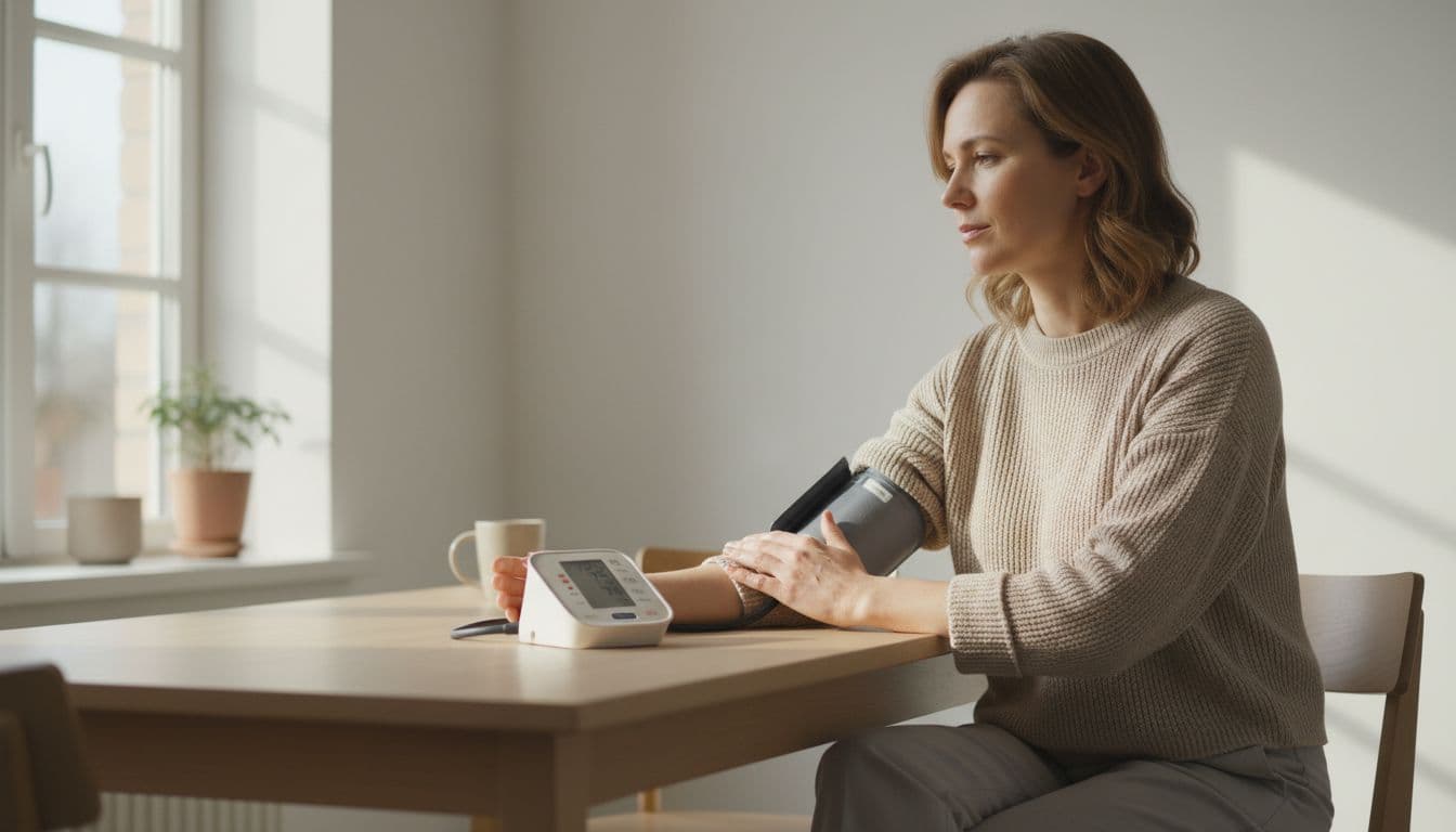 Photo-realistic lifestyle image of an adult at home using an automatic upper-arm blood pressure cuff on a kitchen table, morning window light, neutral colors, shallow depth of field.