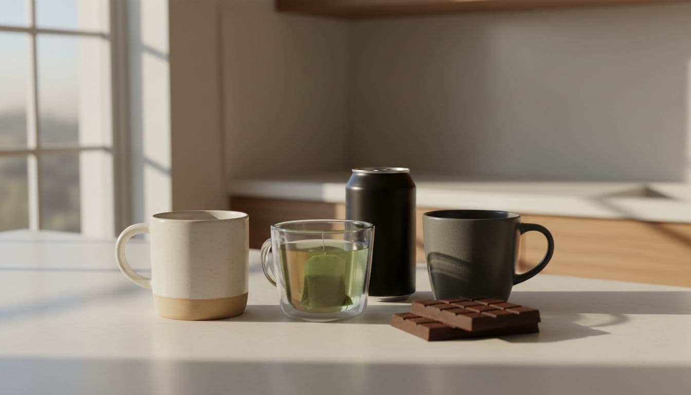Photo-realistic lifestyle image showing a kitchen counter with a coffee mug, green tea cup, black tea, cola can, and dark chocolate bar under natural morning window light, featuring neutral colors, clean background, and shallow depth of field.