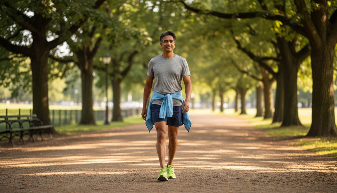 Photo-realistic scene of a diverse middle-aged adult walking briskly on a sunny park path in casual athletic clothes, emphasizing exercise as a factor to improve your ratio.