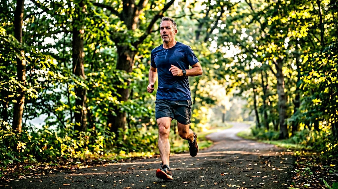 Photorealistic high-resolution image of a single middle-aged person jogging on a tree-lined path in a green park at dawn, with natural golden hour light, focused expression, sweat on brow, and realistic motion blur on legs.