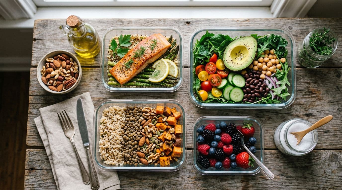 Overhead shot of a vibrant, realistic whole-food meal prep on a wooden table, featuring salmon, avocado half, mixed nuts, leafy greens, tomatoes, chickpeas, berries, and extra-virgin olive oil bottle.