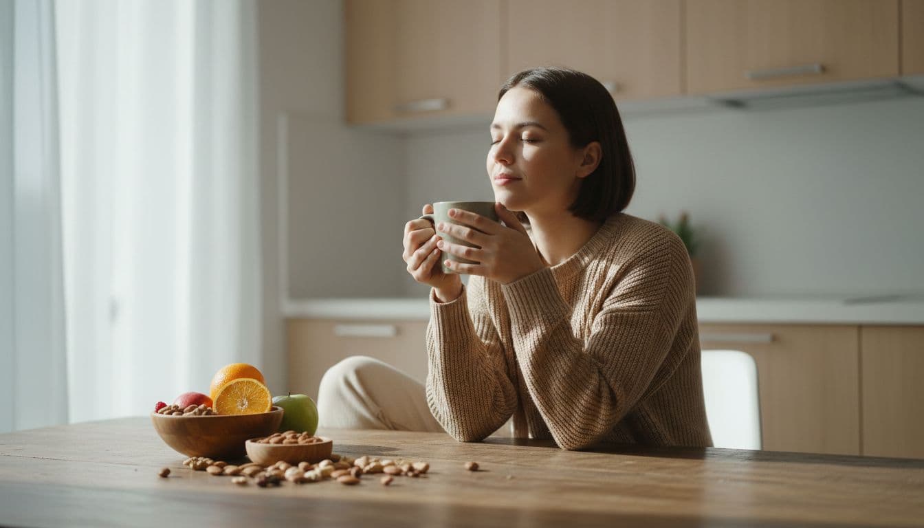 A person in a relaxed pose drinks herbal tea from a mug at a kitchen table, surrounded by fruits and nuts, bathed in natural morning window light with neutral colors and shallow depth of field.