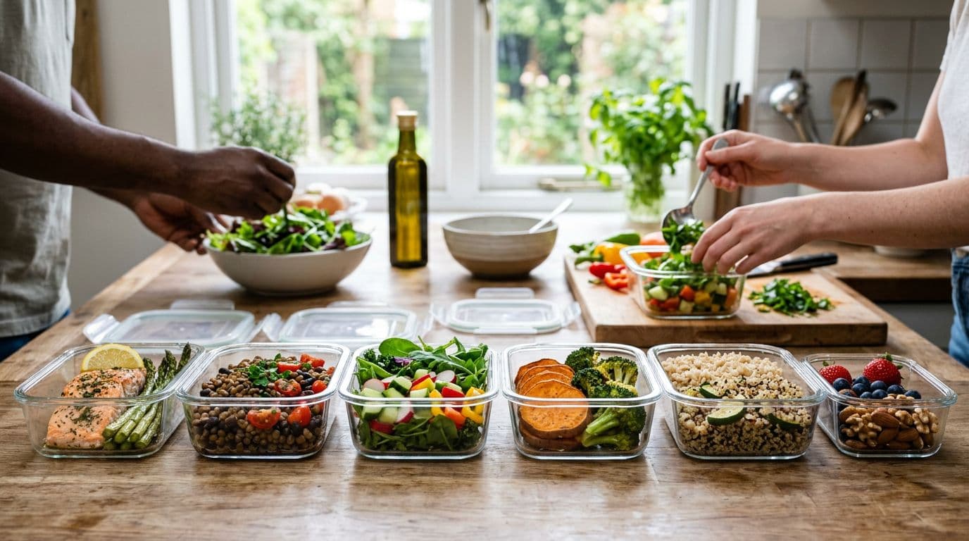 Modern home kitchen scene featuring clear glass containers filled with hypertension-friendly DASH meals like grilled salmon, lentils, leafy greens, sweet potatoes, brown rice, and nuts, with hands portioning vegetables.
