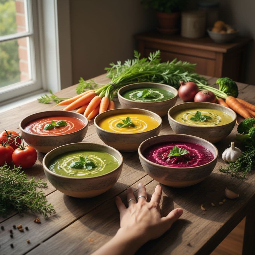 Several ceramic bowls filled with vibrant vegetable soups sit atop a wooden dining table. Fresh tomatoes, carrots, and green herbs surround the dishes as morning light illuminates the healthy meal.
