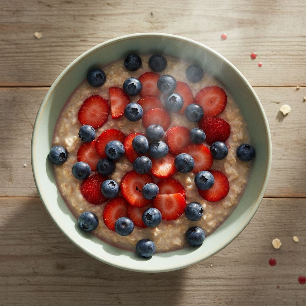 A ceramic bowl filled with warm cooked oatmeal is garnished with vibrant blueberries and sliced strawberries. The meal sits on a rustic wooden table illuminated by soft, natural morning light.