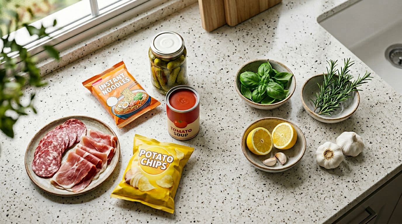 Overhead view of a clean modern kitchen counter featuring sodium-rich foods to avoid for high blood pressure management, such as sliced deli meats, instant noodles, pickles, canned soup, and potato chips, contrasted with fresh herbs, lemons, and garlic.