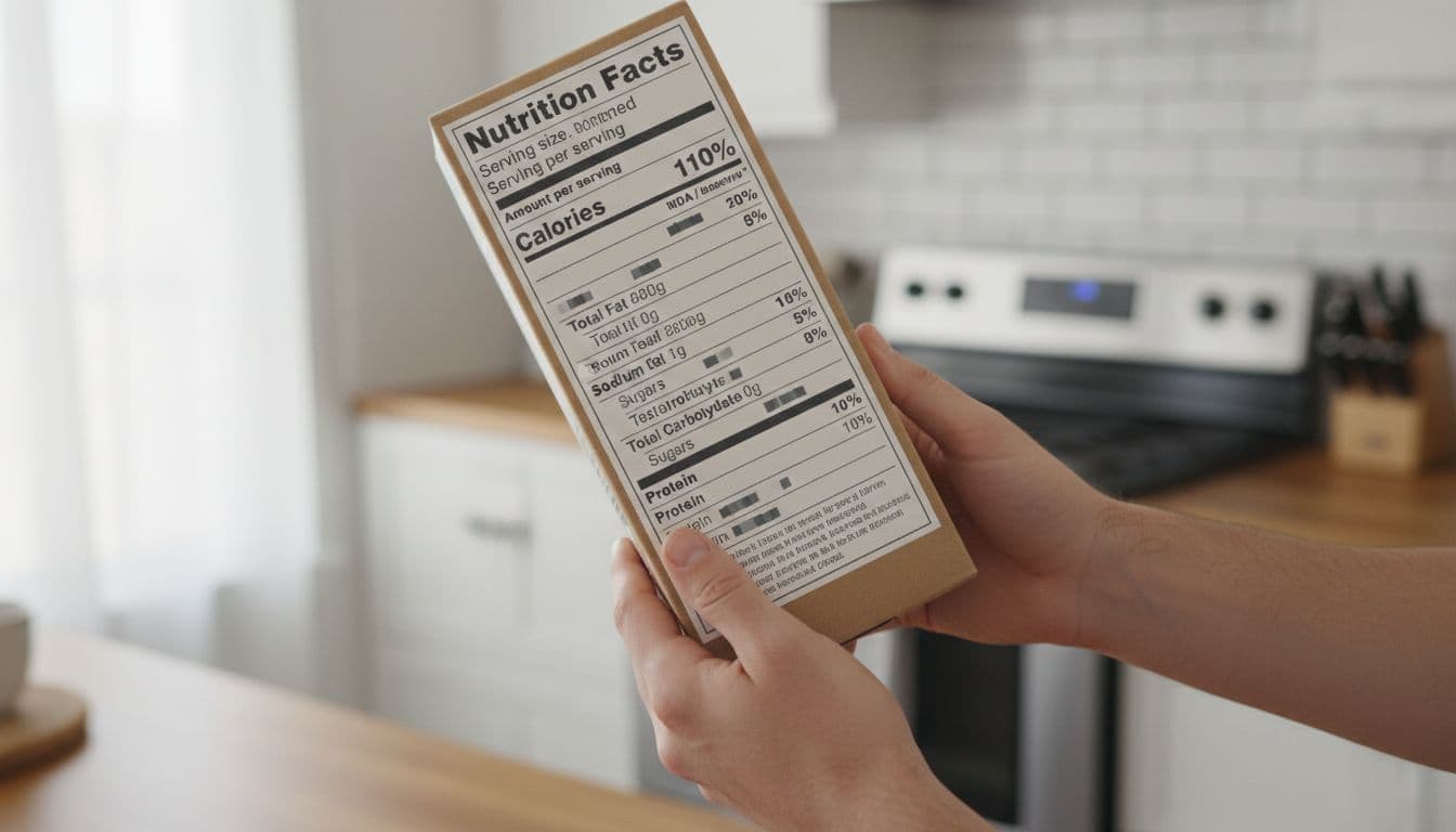 A pair of hands holds a cereal box to reveal the nutrition facts panel clearly. The background features a soft-focus modern kitchen environment that emphasizes the importance of reading dietary labels.