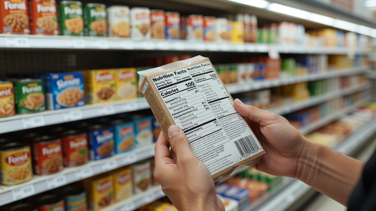 Close-up of a person's hands holding a grocery item, their fingers pointing toward the nutrition facts printed on the back. The background shows blurred aisles filled with colorful product packaging.