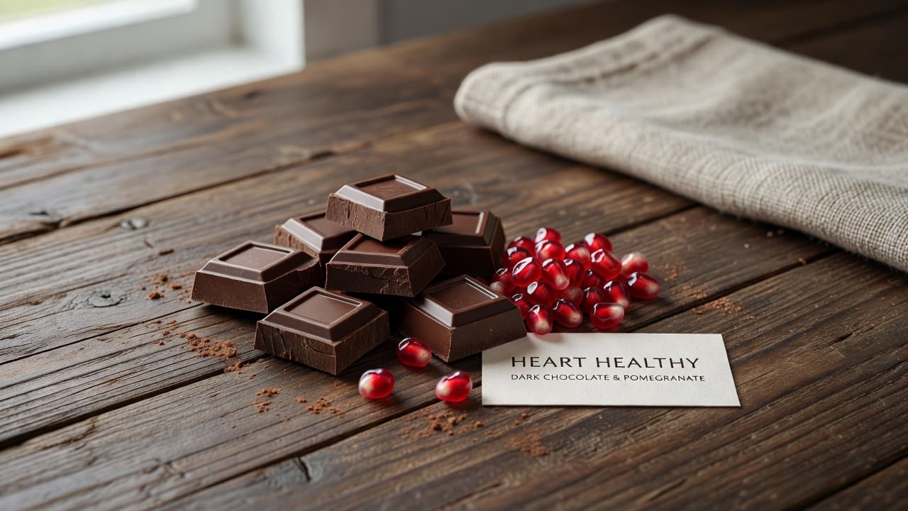 Squares of rich dark chocolate sit on a textured rustic wooden board alongside vibrant crimson pomegranate seeds. The composition emphasizes heart-healthy snacks under soft, natural lighting with a blurred background.