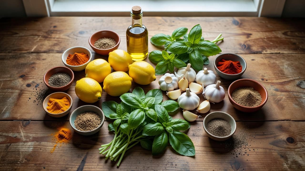Vibrant whole lemons, garlic bulbs, and green basil are artfully arranged on a rustic wooden table alongside a bottle of golden olive oil and several small ceramic bowls filled with spices.