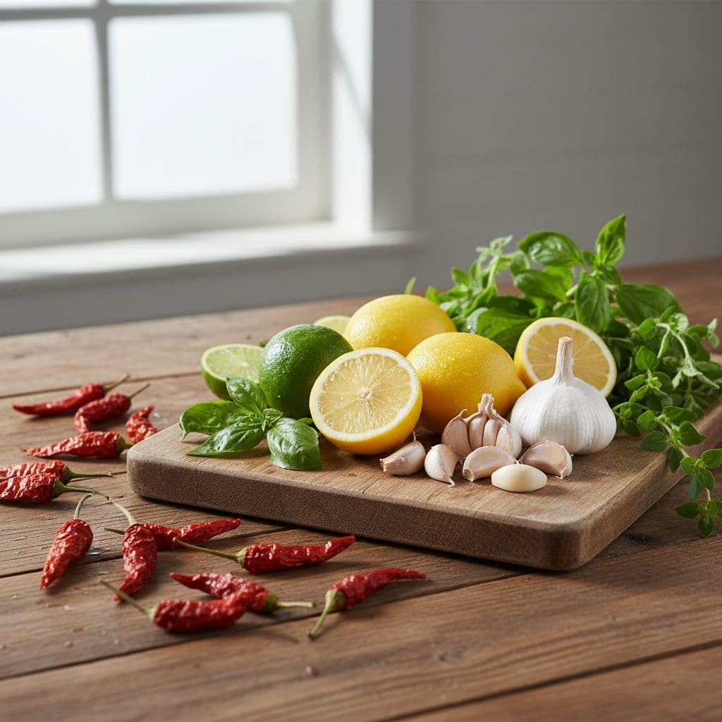 Bright morning light illuminates a wooden cutting board scattered with vibrant lemons, limes, garlic cloves, and sprigs of fresh basil. Dried red peppers and oregano add texture to this rustic arrangement.