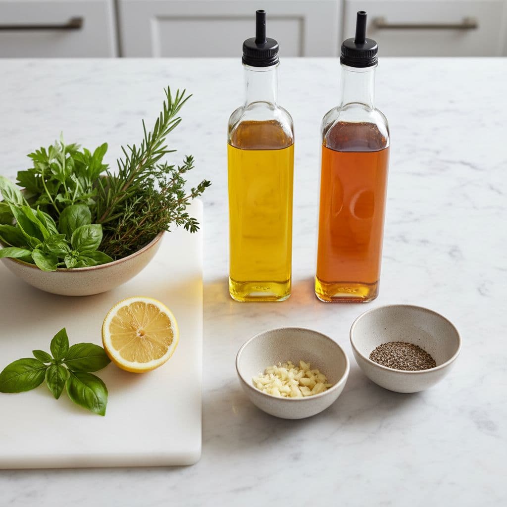 A bright kitchen counter displays glass cruets of oil and vinegar surrounded by a bowl of fresh herbs, a halved lemon, and small bowls containing raw garlic cloves and peppercorns.