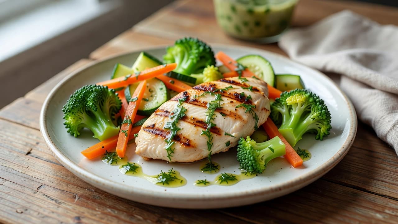 A ceramic plate features sliced grilled chicken breast accompanied by vibrant steamed broccoli and carrots. A light herb-infused sauce is drizzled artistically over the meat, illuminated by soft natural morning sunlight.