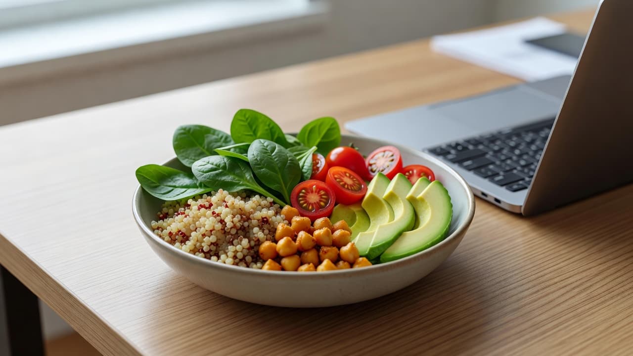 A nutritious quinoa and roasted chickpea lunch bowl sits next to an open laptop on a wooden desk. Fresh spinach, sliced avocado, and cherry tomatoes add vibrant colors to the meal.
