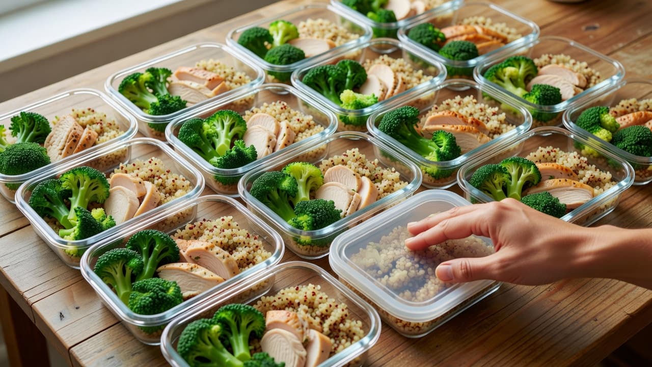 Top-down view of a wooden table displaying glass containers filled with roasted chicken, fresh broccoli, and cooked quinoa. A hand carefully secures a lid onto one portion to complete prep.