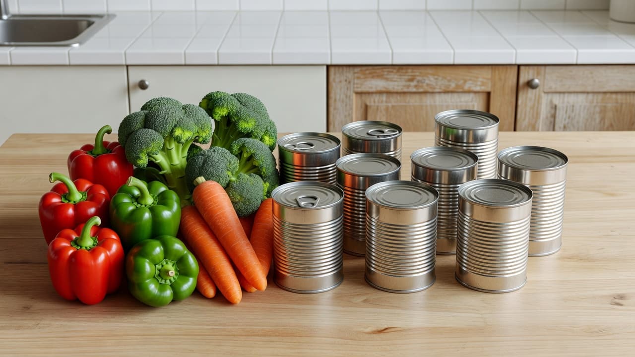 Bright peppers and orange carrots are arranged on a clean kitchen surface alongside several metal pantry cans. This top-down composition highlights fresh produce balanced by convenient long-term storage food options.
