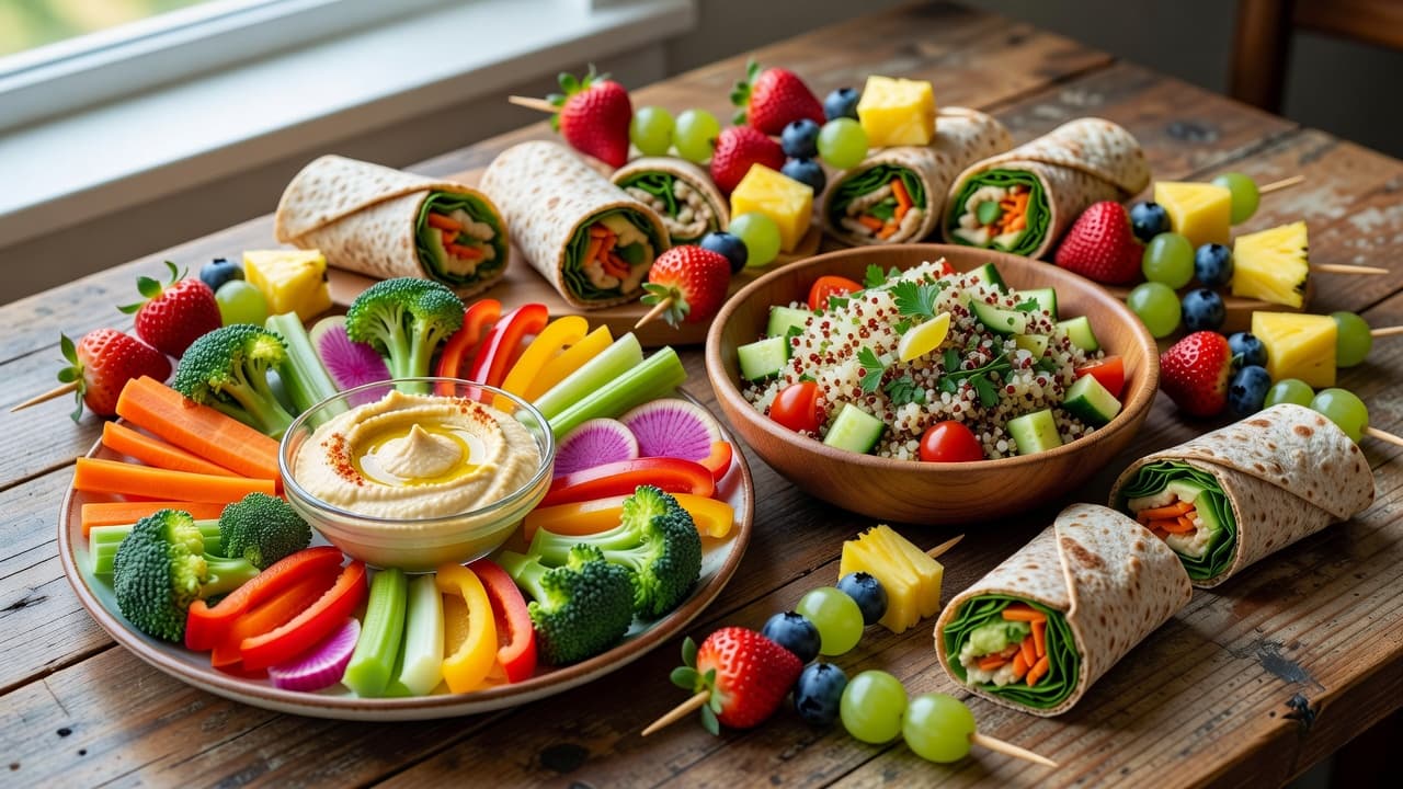 A rustic wooden table holds a colorful assortment of healthy dishes including fresh vegetable crudites with hummus, vibrant fruit skewers, a large bowl of quinoa salad, and stacked whole-grain wraps.