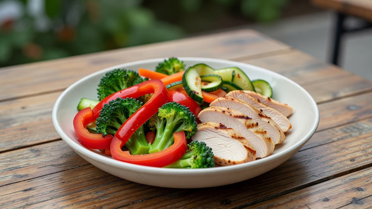 A vibrant restaurant dish featuring grilled lean protein and fresh, colorful vegetables sits on a wooden table. Natural sunlight illuminates the crisp textures, creating an inviting, heart-healthy outdoor dining scene.