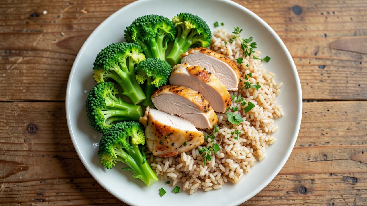 A top-down view shows seasoned roasted chicken breast beside vibrant steamed broccoli and brown rice on a ceramic plate. Fresh herbs garnish the meal, resting on a rustic wooden kitchen table.