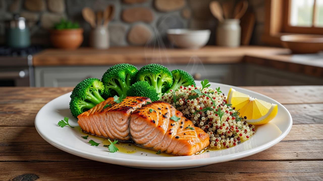 A seared salmon fillet rests on a white ceramic plate alongside vibrant quinoa and steamed broccoli florets. The meal is accented with fresh green herbs and a bright lemon wedge.