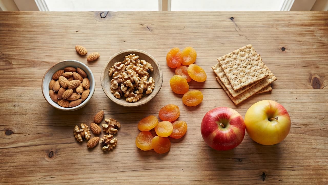 A flat lay arrangement of nutrient-dense snacks rests on a warm wooden table. The display features a mix of almonds, walnuts, dried apricots, whole grain crackers, and vibrant fresh apples.