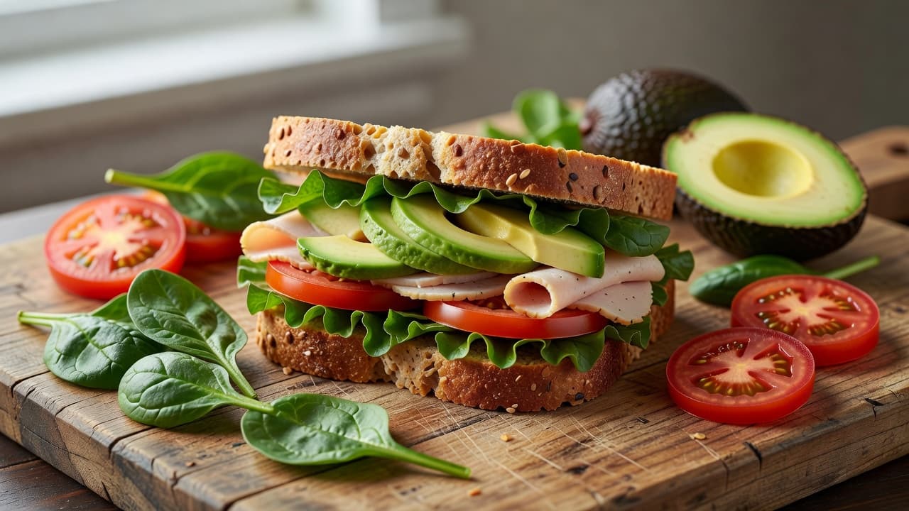 A nutritious sandwich made with whole grain bread rests on a rustic wooden cutting board. Slices of avocado, tomato, and fresh spinach leaves are artfully scattered alongside the main meal.