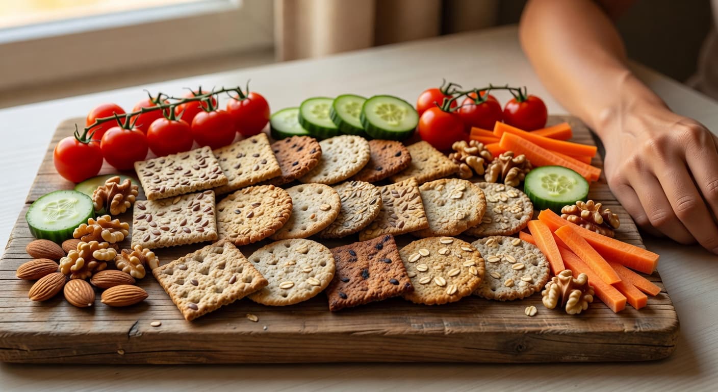 A rustic wooden board displays crispy whole grain crackers alongside colorful fresh vegetables and assorted nuts. A person's hand rests gently nearby, highlighting a natural and heart-healthy snack arrangement.